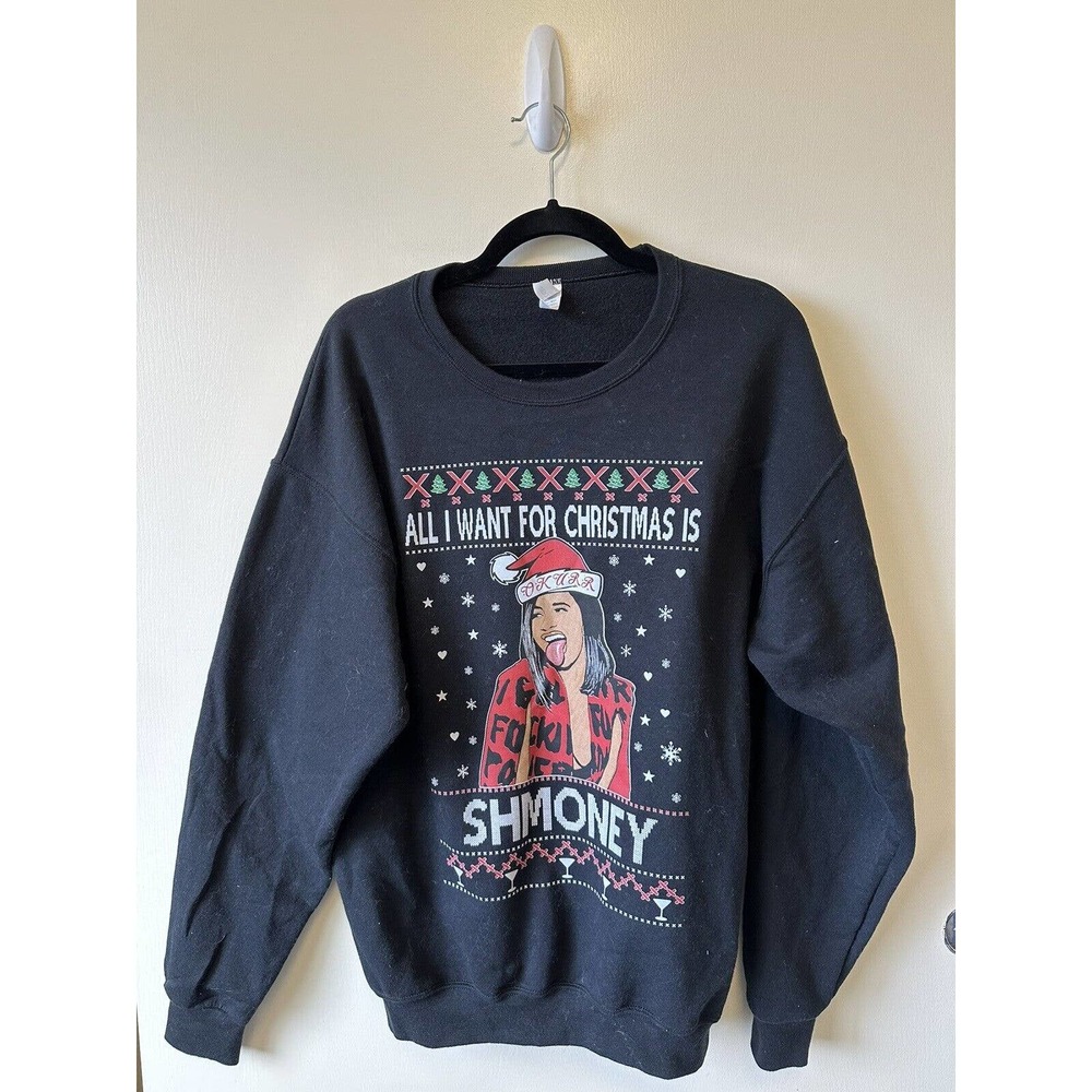 Cardi B Ugly Christmas Party Sweater Crew Neck Black Size Large